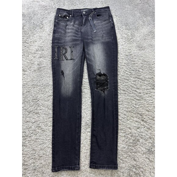 Amiri Jeans Men 30x29 Black Distressed Skinny Slim Studded Logo Embroidery NWT